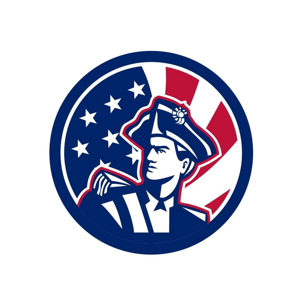 american revolutionary soldier with USA stars and stripes flag circle retro vector