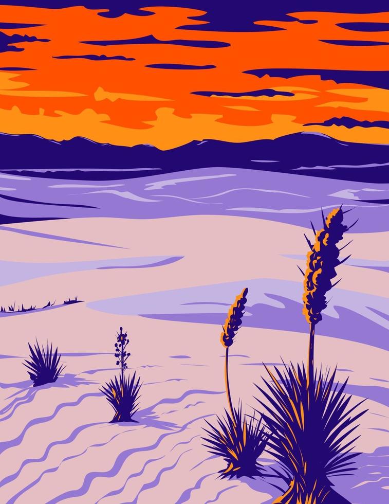 Parque Nacional White Sands con yuca soaptree en la cuenca de Tularosa Nuevo México wpa poster art vector