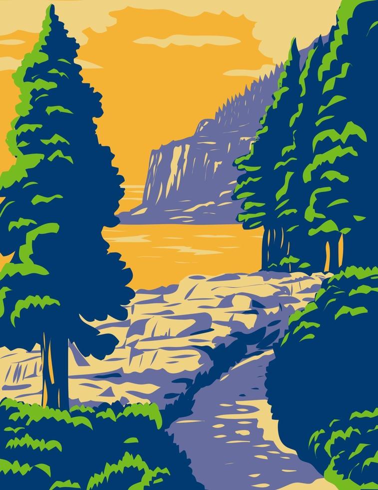 camino del océano con el acantilado de la nutria en el parque nacional acadia en el monte desierto isla maine estados unidos wpa poster art vector