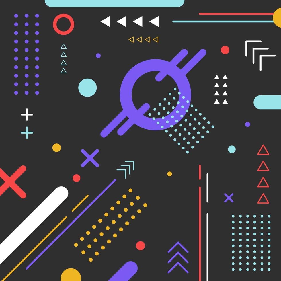 Elementos abstractos círculo geométrico patrón de colores, triángulo, línea sobre fondo negro. vector