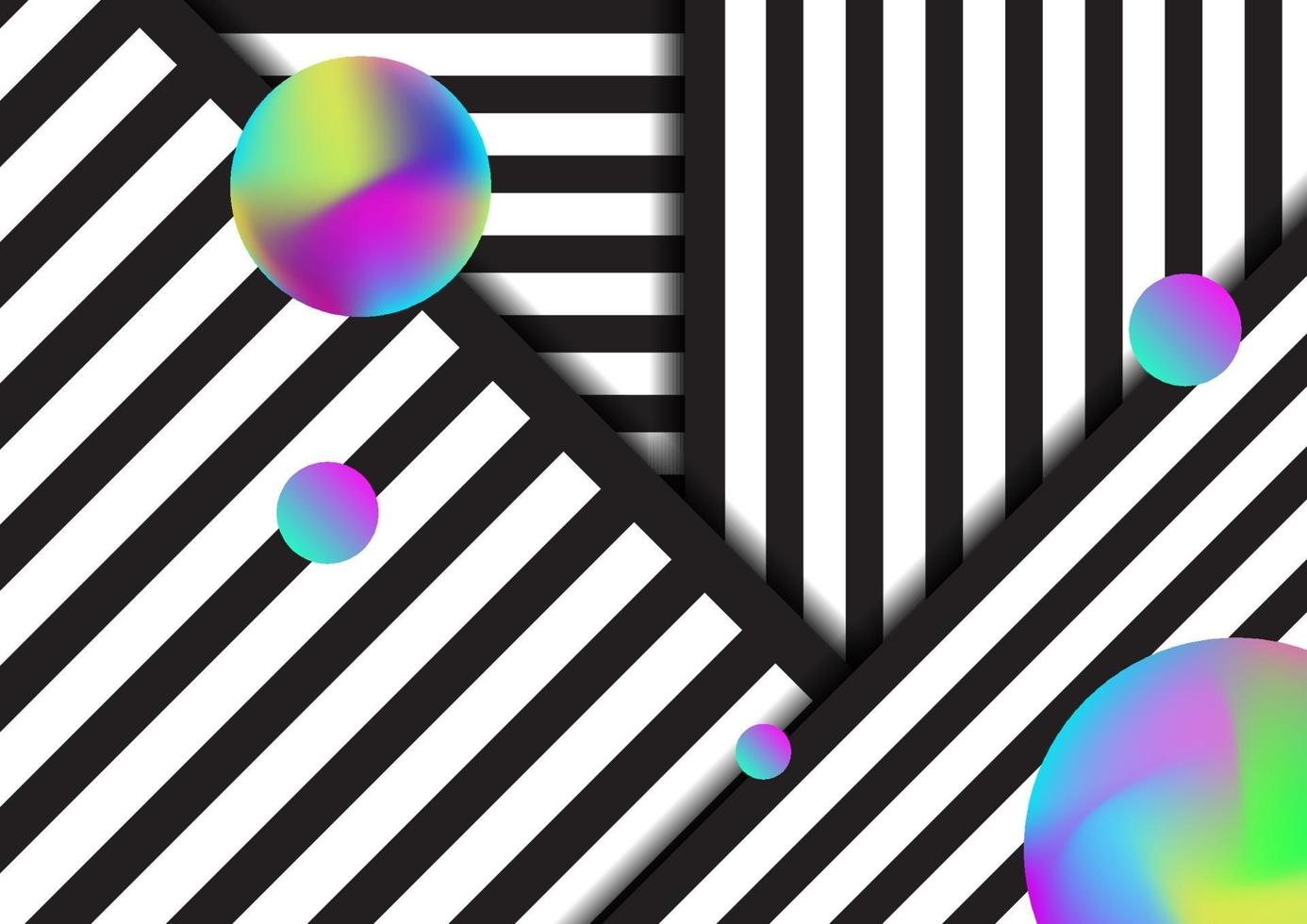 Fondo de patrón de líneas blancas y negras de rayas abstractas con elementos de colores vibrantes fluidos de círculos. vector