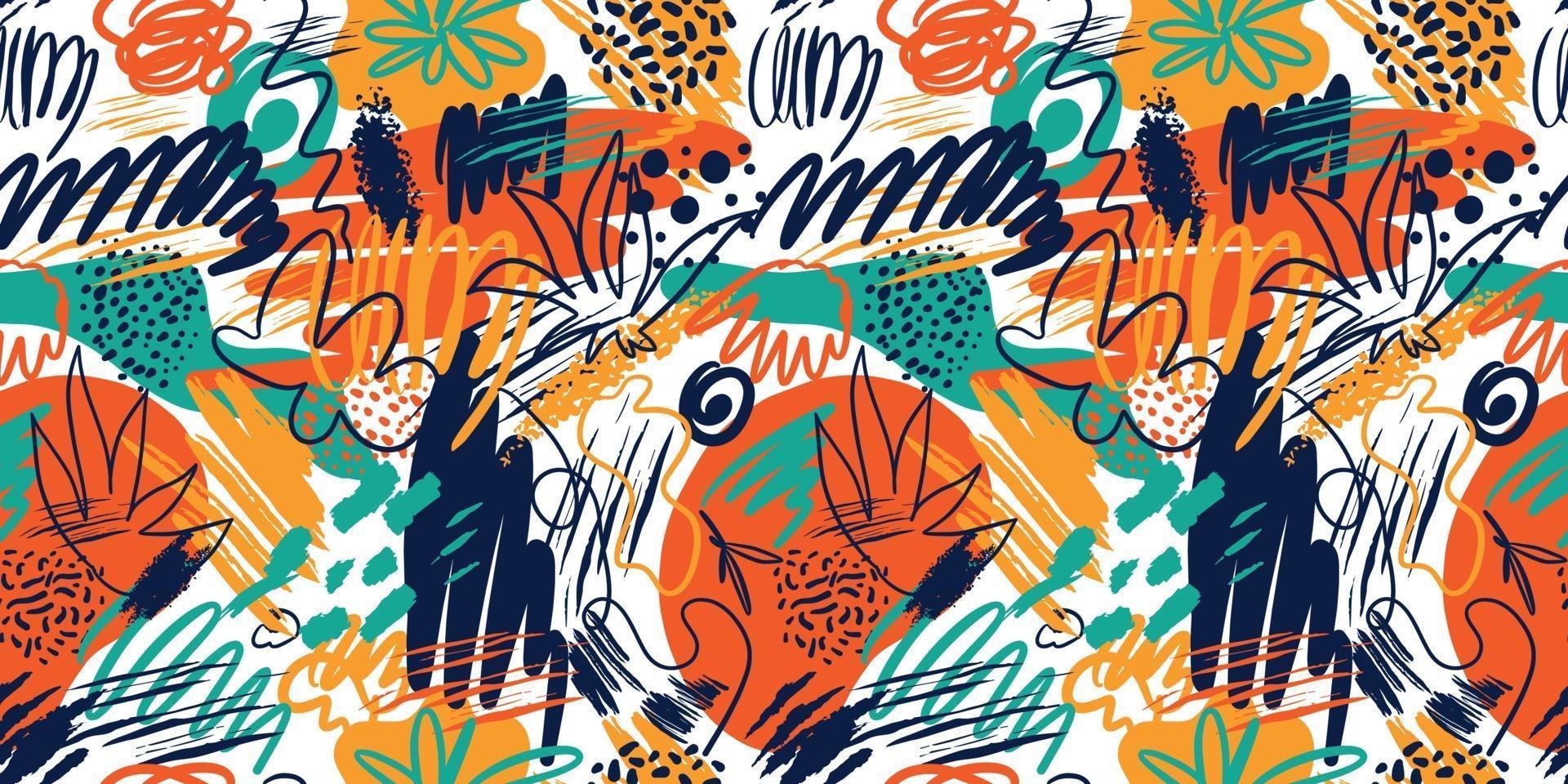 Abstract seamless patterns with hand drawn textures in memphis style, trend print on white. Retro fashion background. vector