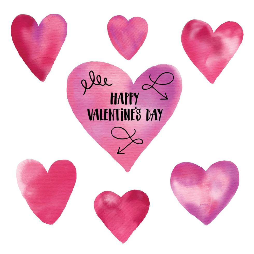 Watercolor set of hand drawn hearts. Design Valentine day illustration with lettering. vector