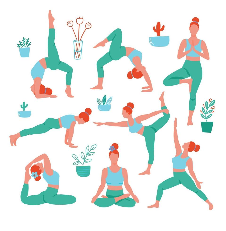 8 mujeres en las posturas de yoga en color sobre fondo blanco. cartel contemporáneo de tendencia. personajes aislados. vector