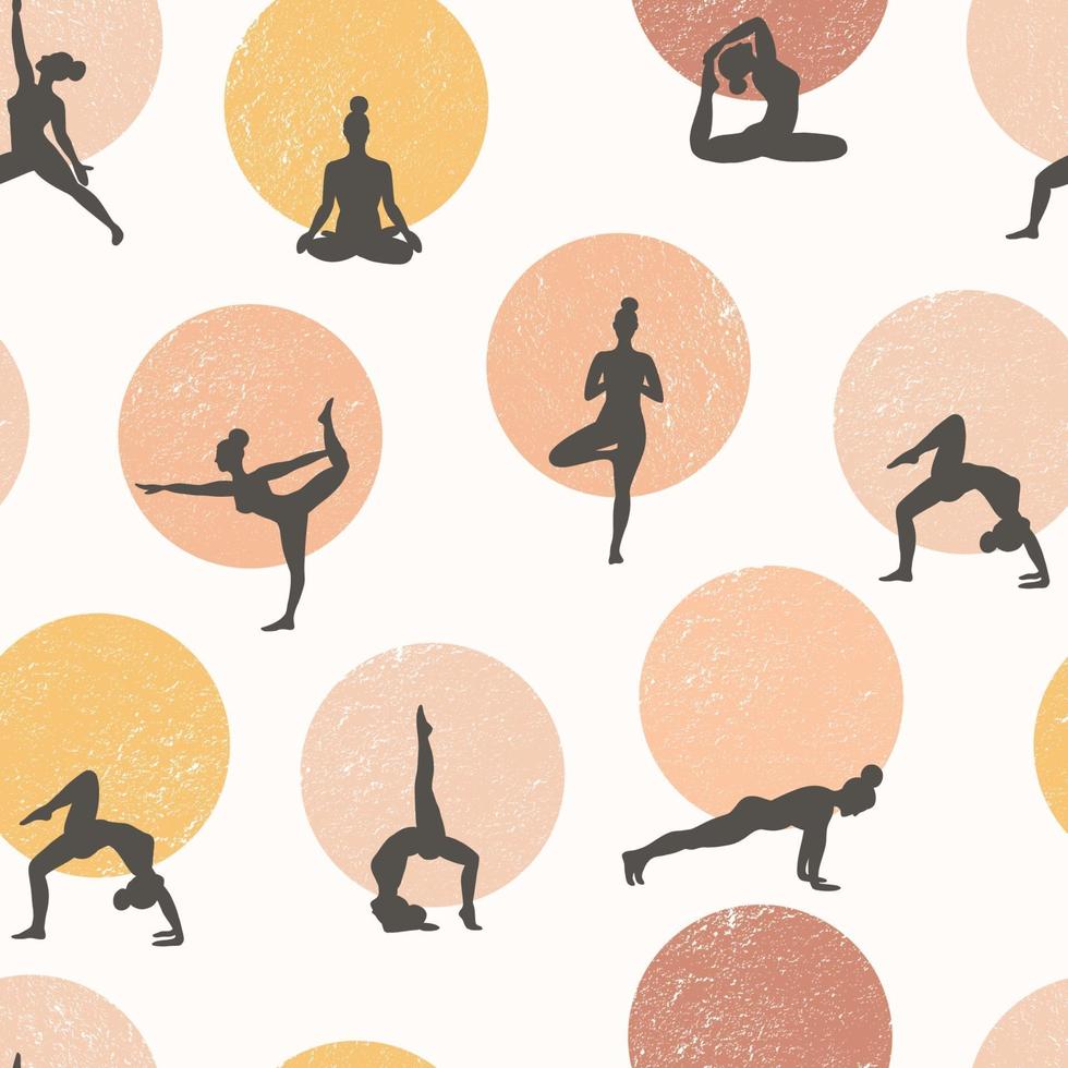 patrón sin costuras de yoga. estilo de vida saludable. Día mundial de la salud. diseño de superficie con chicas de clase de yoga meditando y haciendo ejercicio. vector