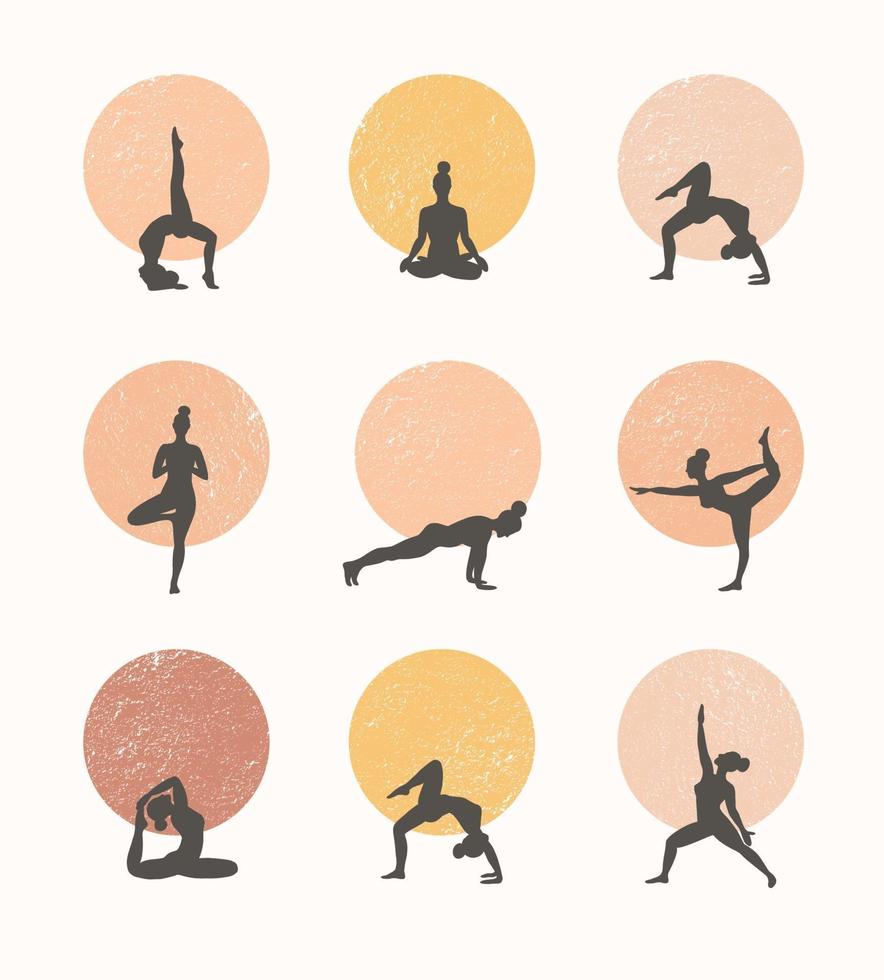 contornos de mujeres en las posturas de yoga sobre un fondo de círculo. cartel contemporáneo de tendencia. vector