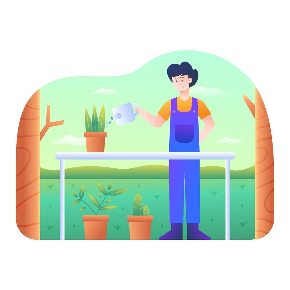 Man watered the plants in the garden vector