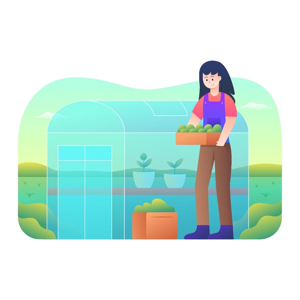 Women farming in a greenhouse vector