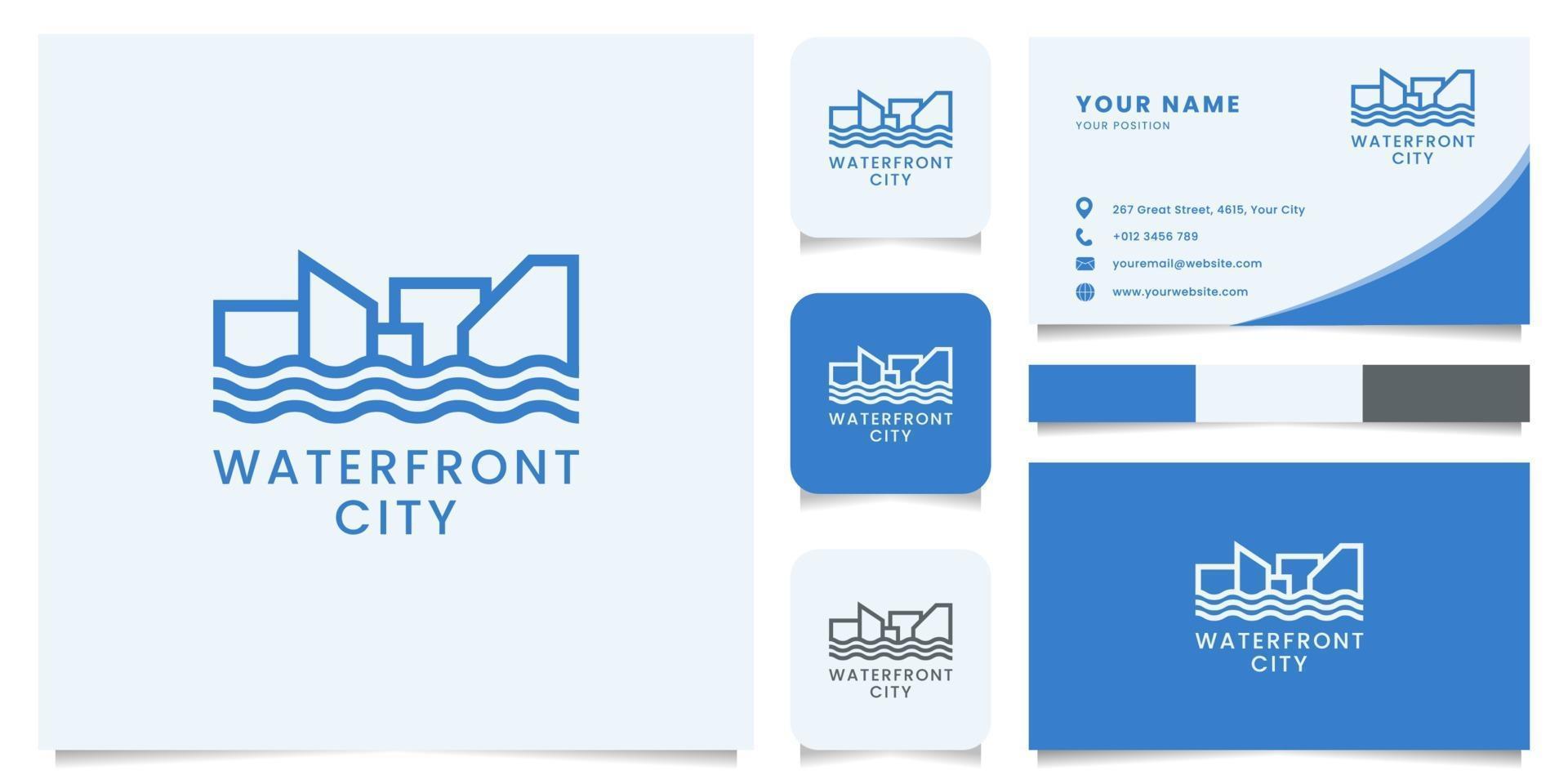 Landscape of Waterfront City Logo with Business Card Template vector