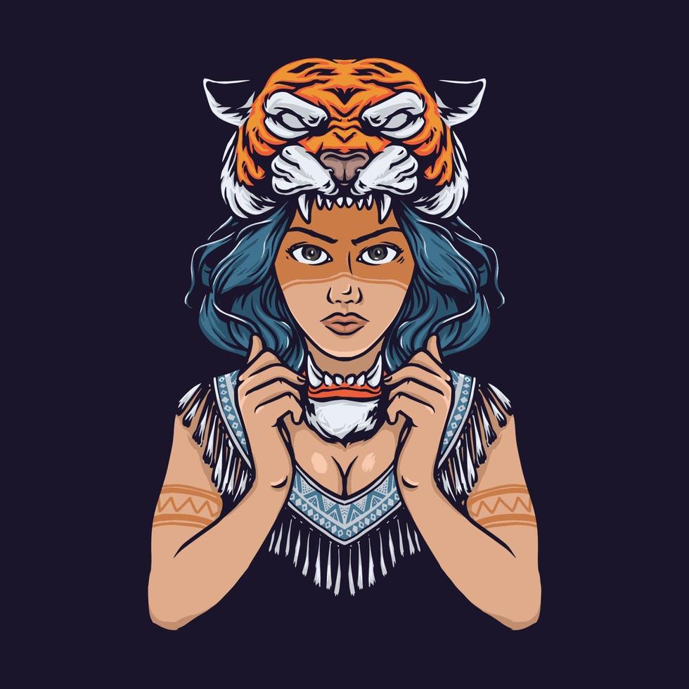 niña de la tribu con cabeza de tigre dibujado a mano ilustración vector