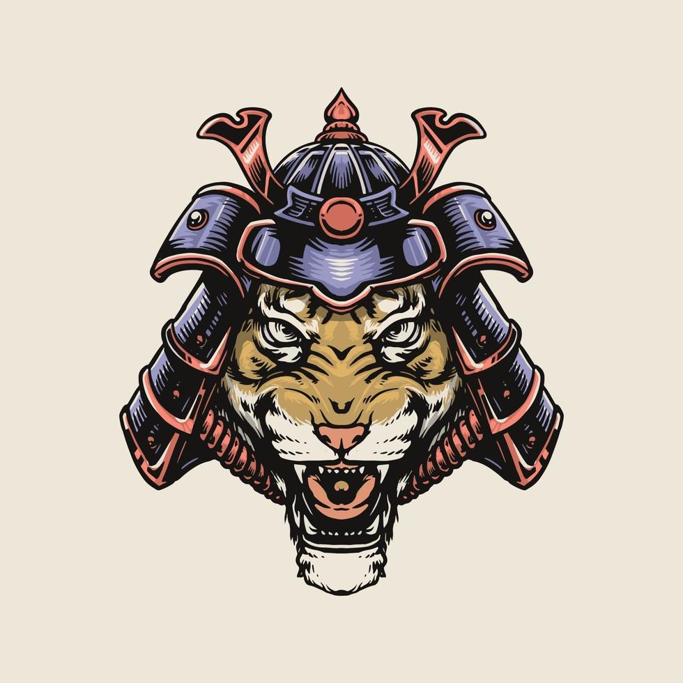 Tiger using samurai helmet vector