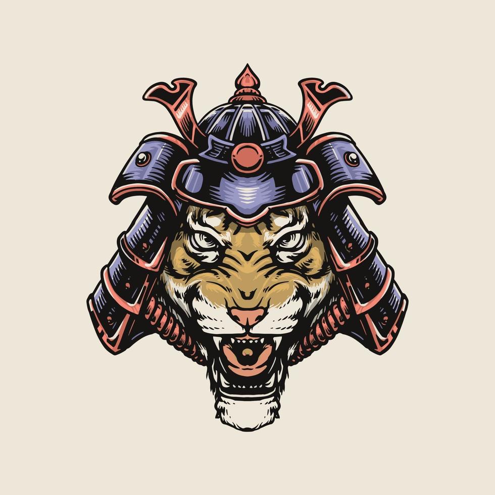 Tiger using samurai helmet vector