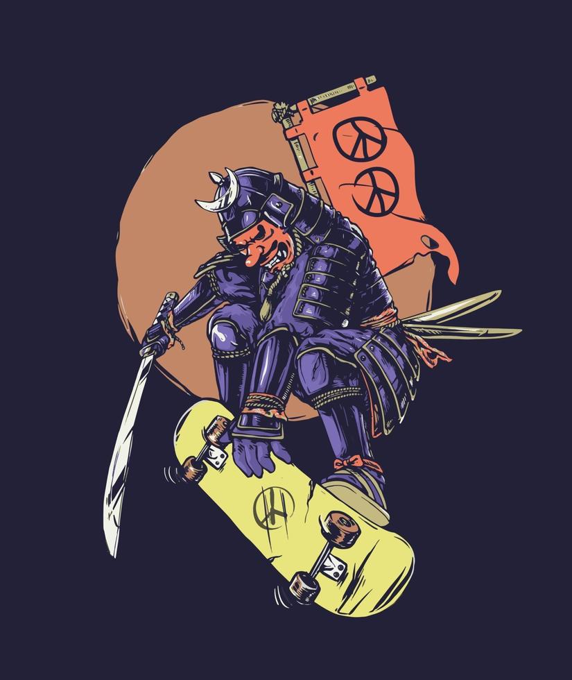 Samurai monopatín con símbolo de paz vector