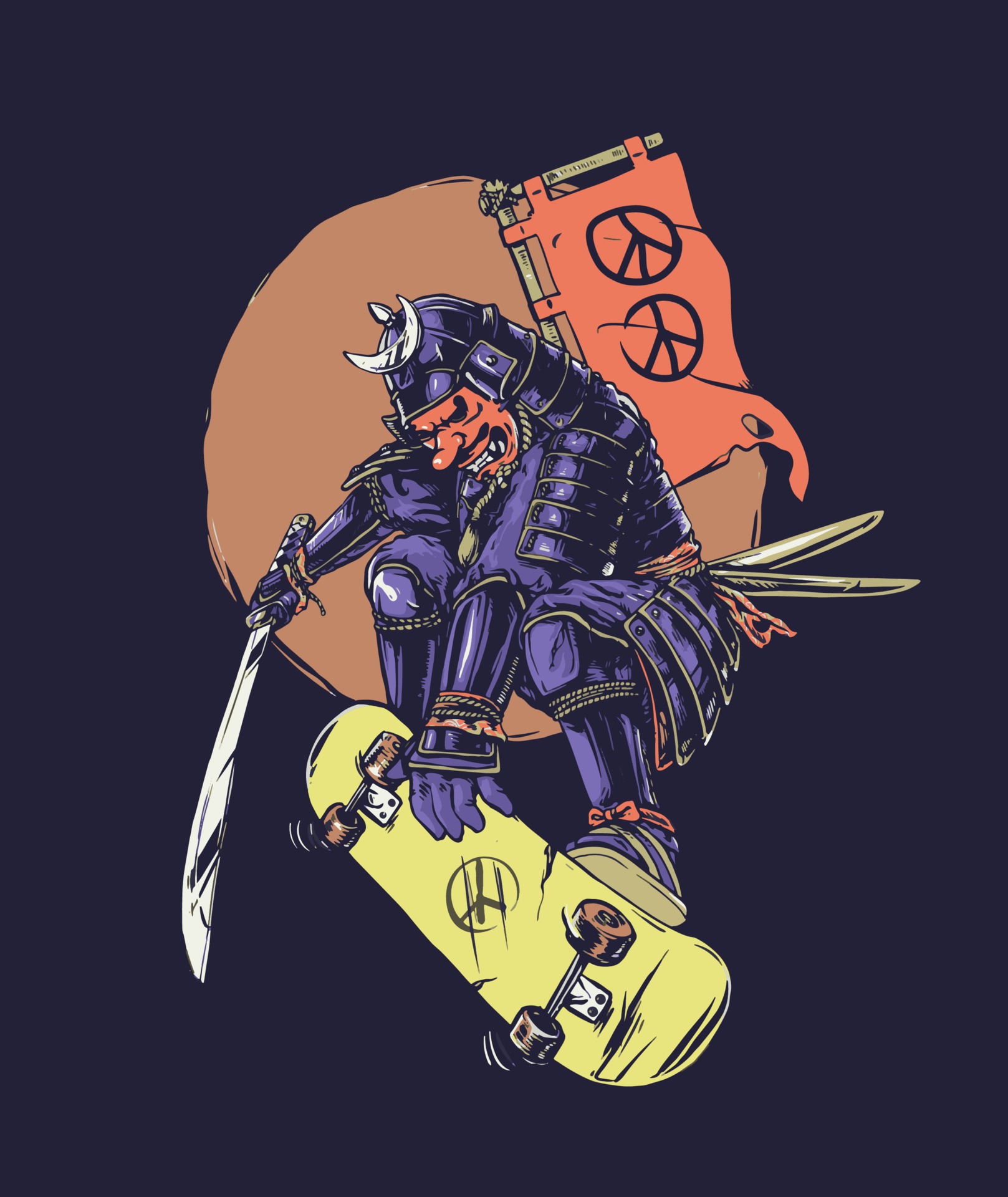 Skateboard samurai with peace symbol 2013898 Vector Art at Vecteezy