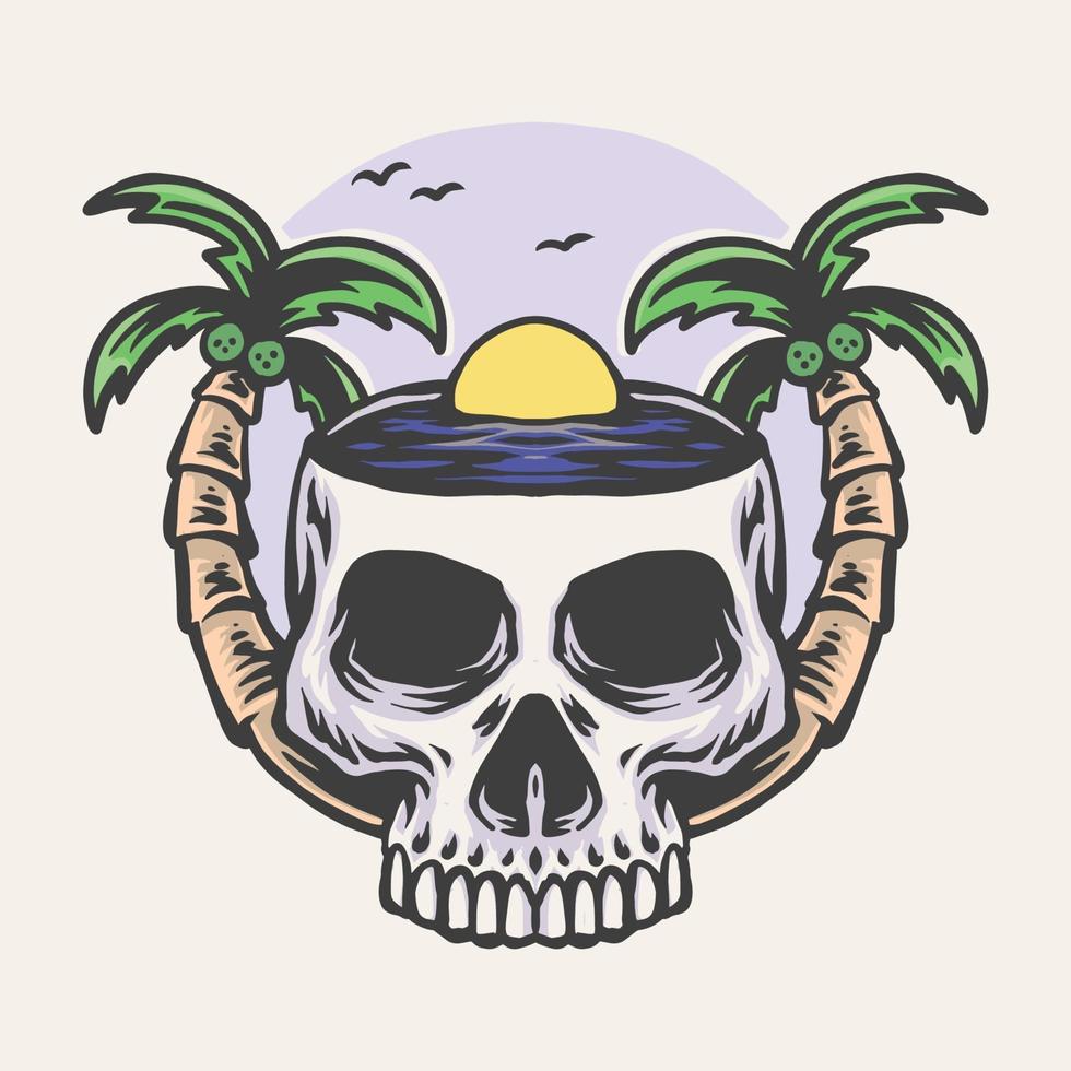 Ilustración de vector dibujado a mano calavera playa