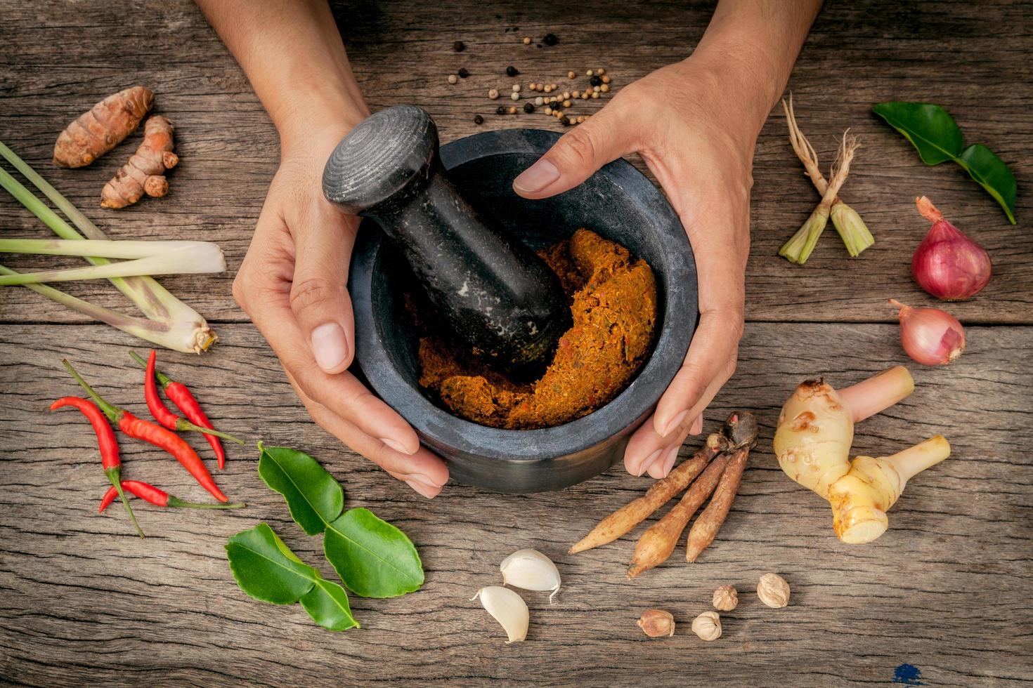 Woman's hands with a pestle, mortar, and spices photo