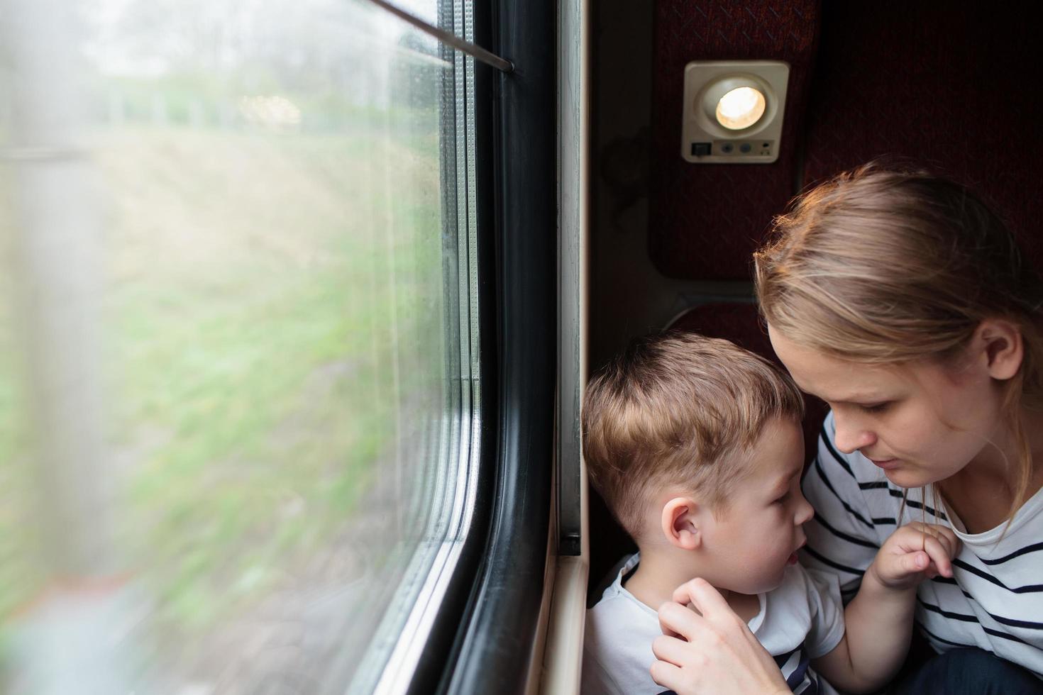 Mother and son on a train trip photo