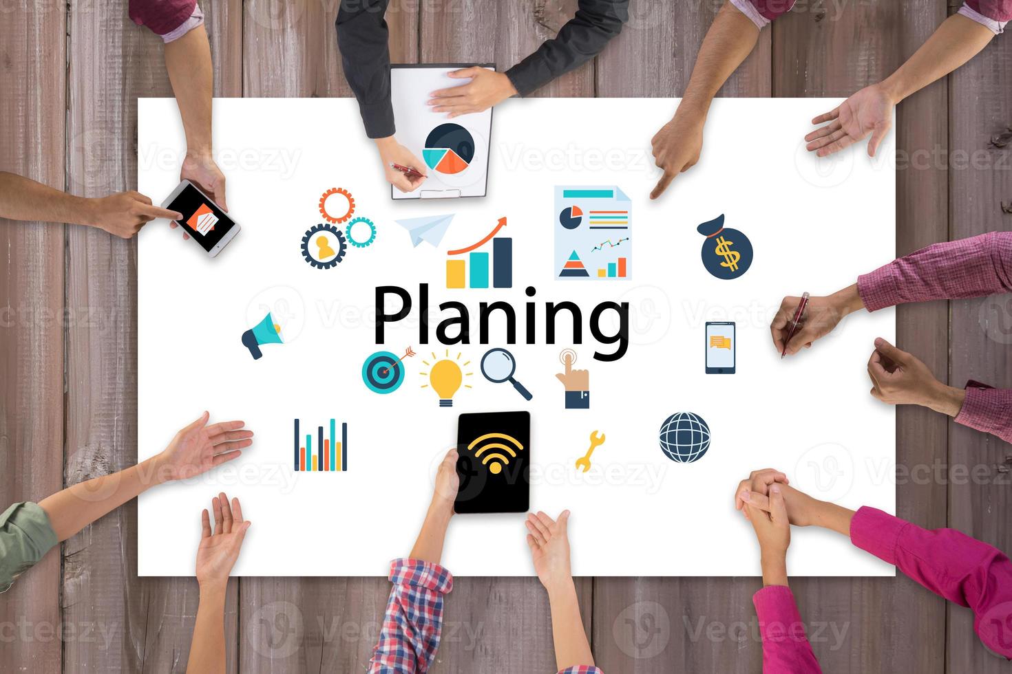 Top view of business team meeting and discussion with ideas and creative icon design photo