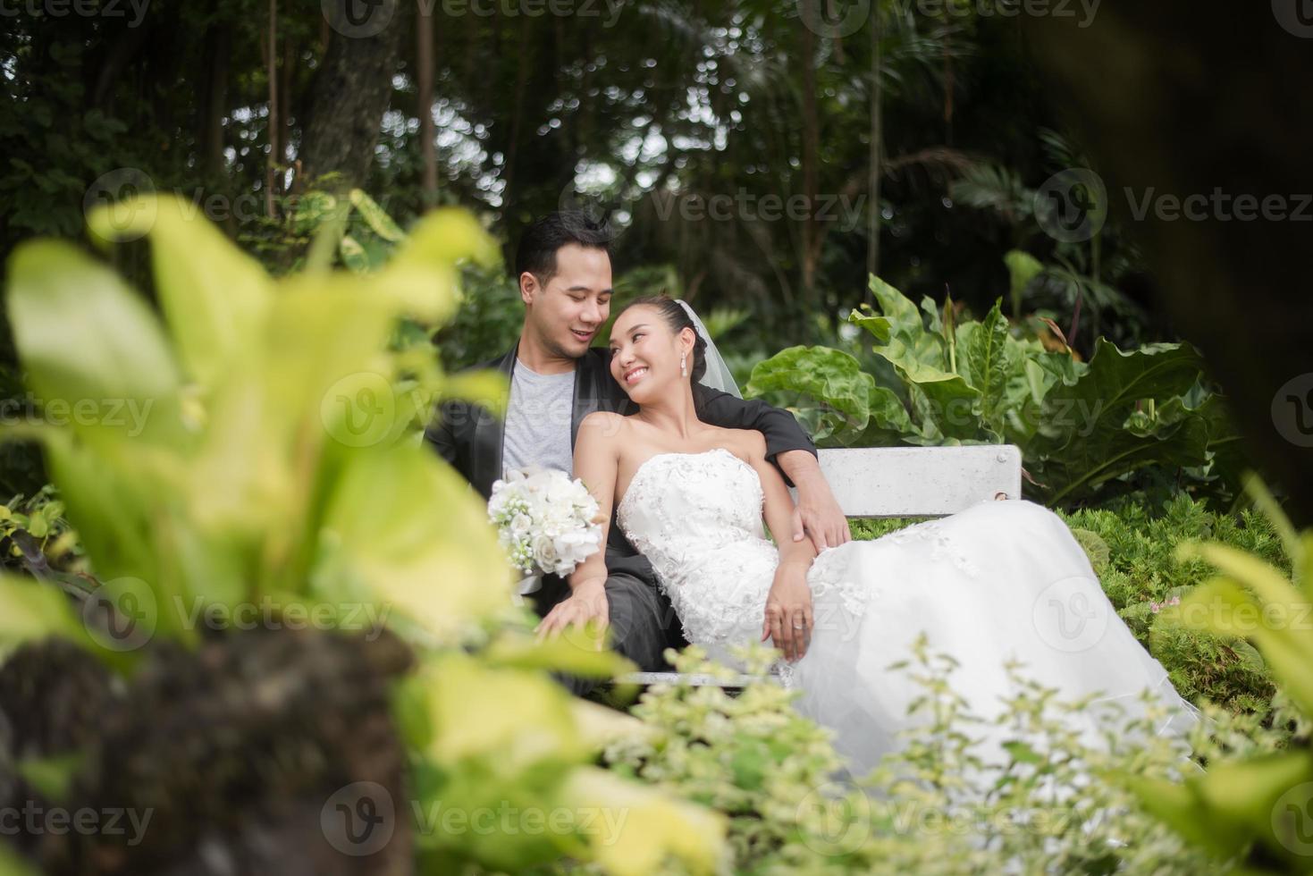 Bride and groom sitting on branch with the green park background photo