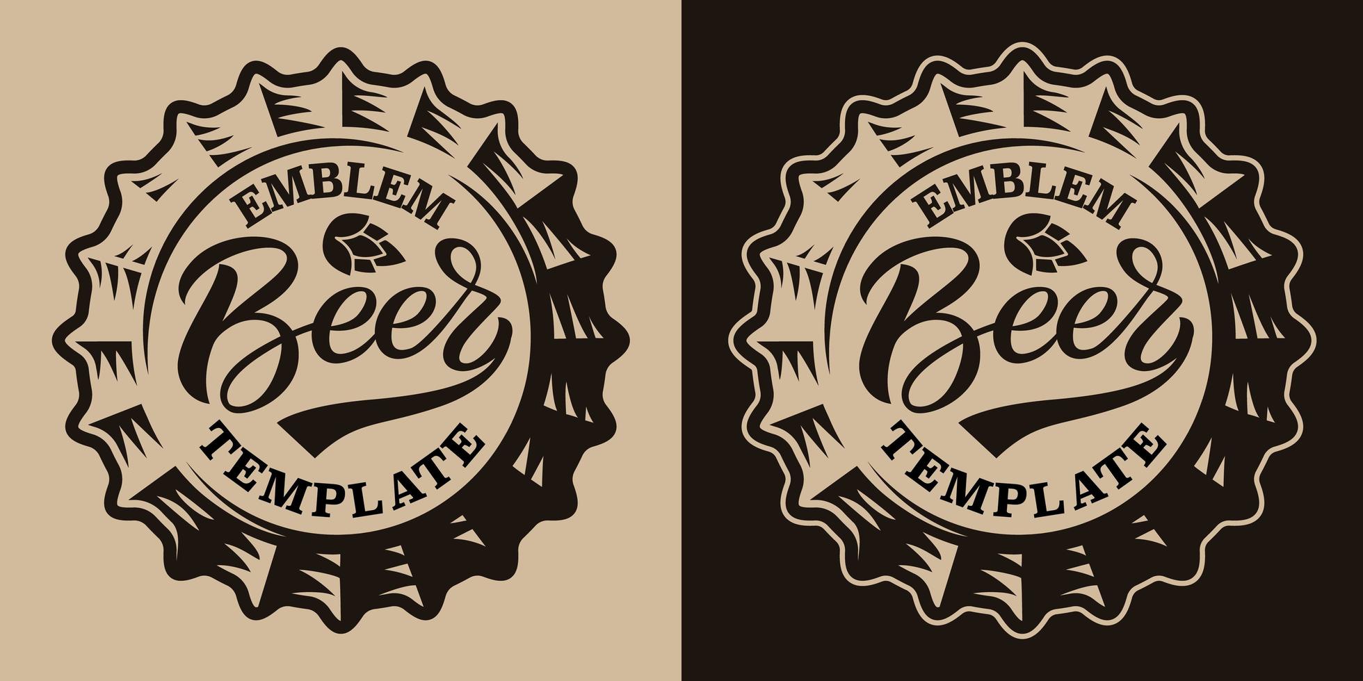 A black and white vintage beer emblem with a beer cap vector