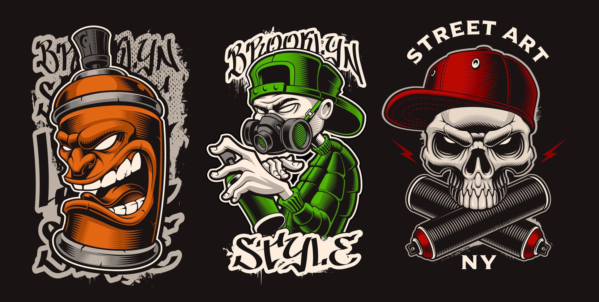 Set of vector illustrations with graffiti characters.