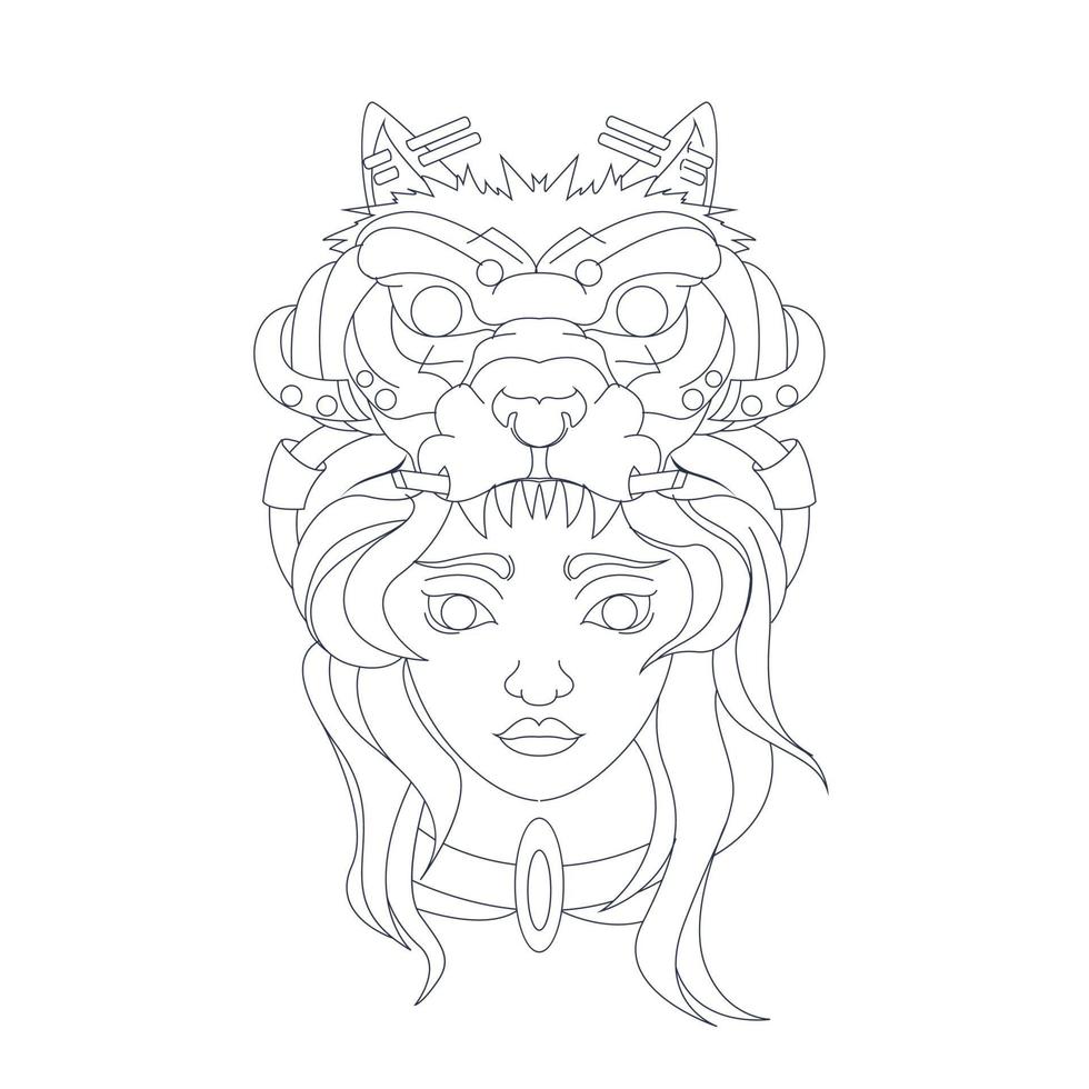 vector hand drawn illustration of girl wolf