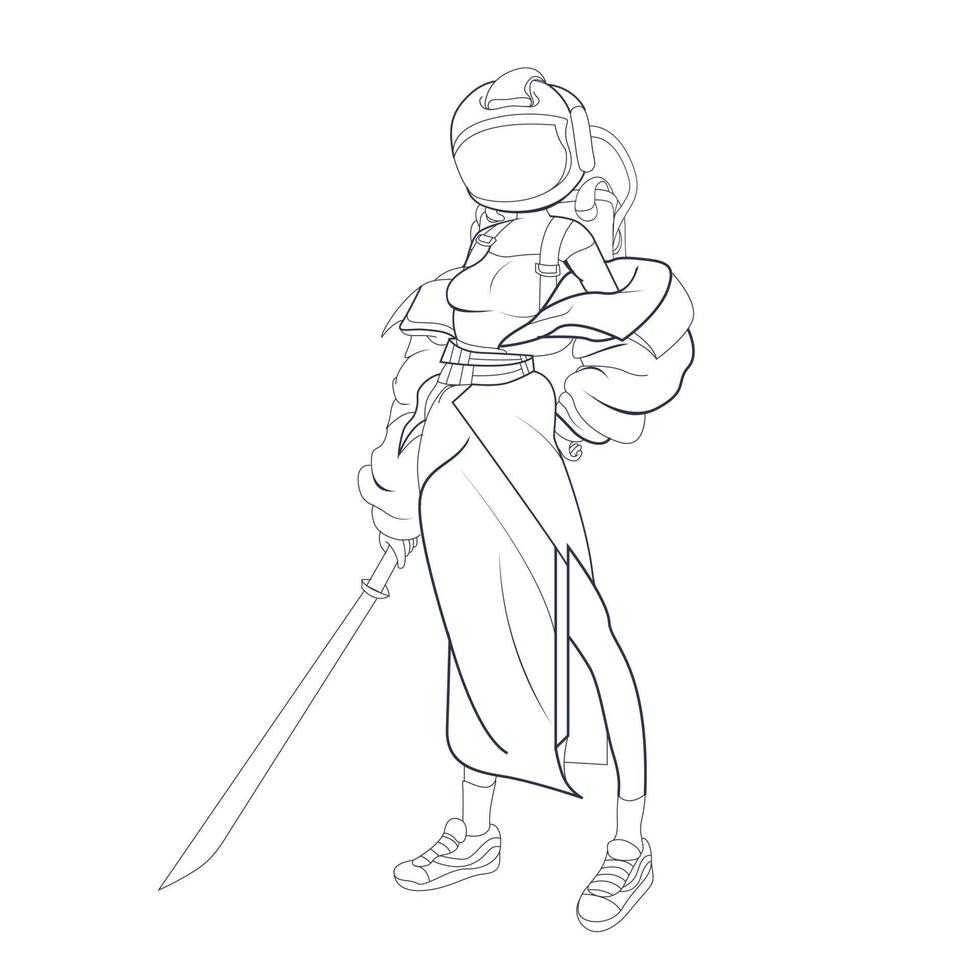 vector hand drawn illustration of astronaut girl sword