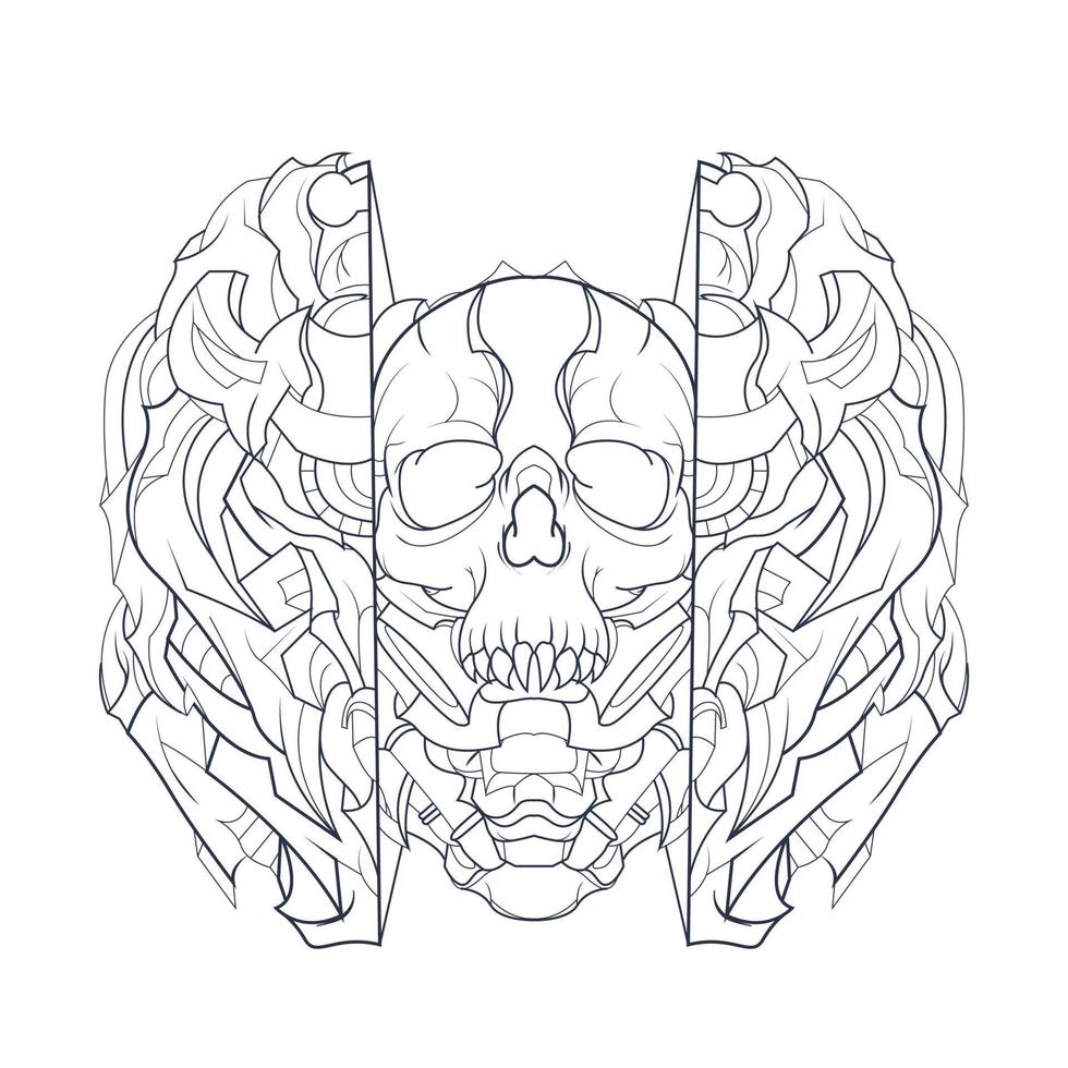 vector hand drawn illustration of dark mecha skull