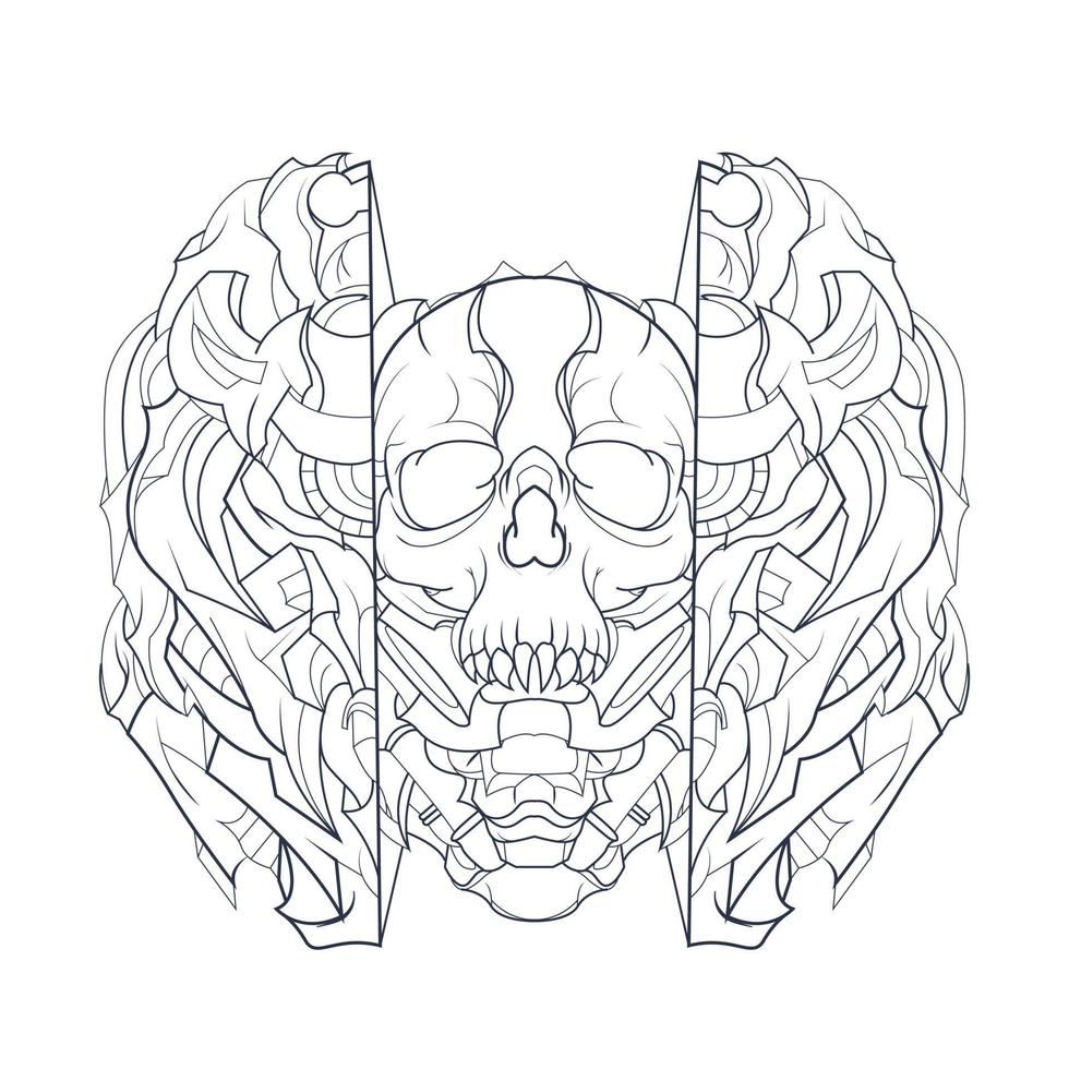 vector hand drawn illustration of dark mecha skull