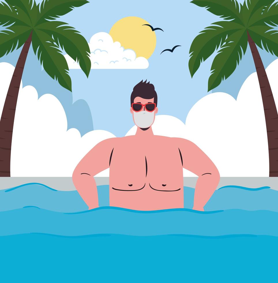 Hombre en traje de baño, con una máscara facial en la playa. vector