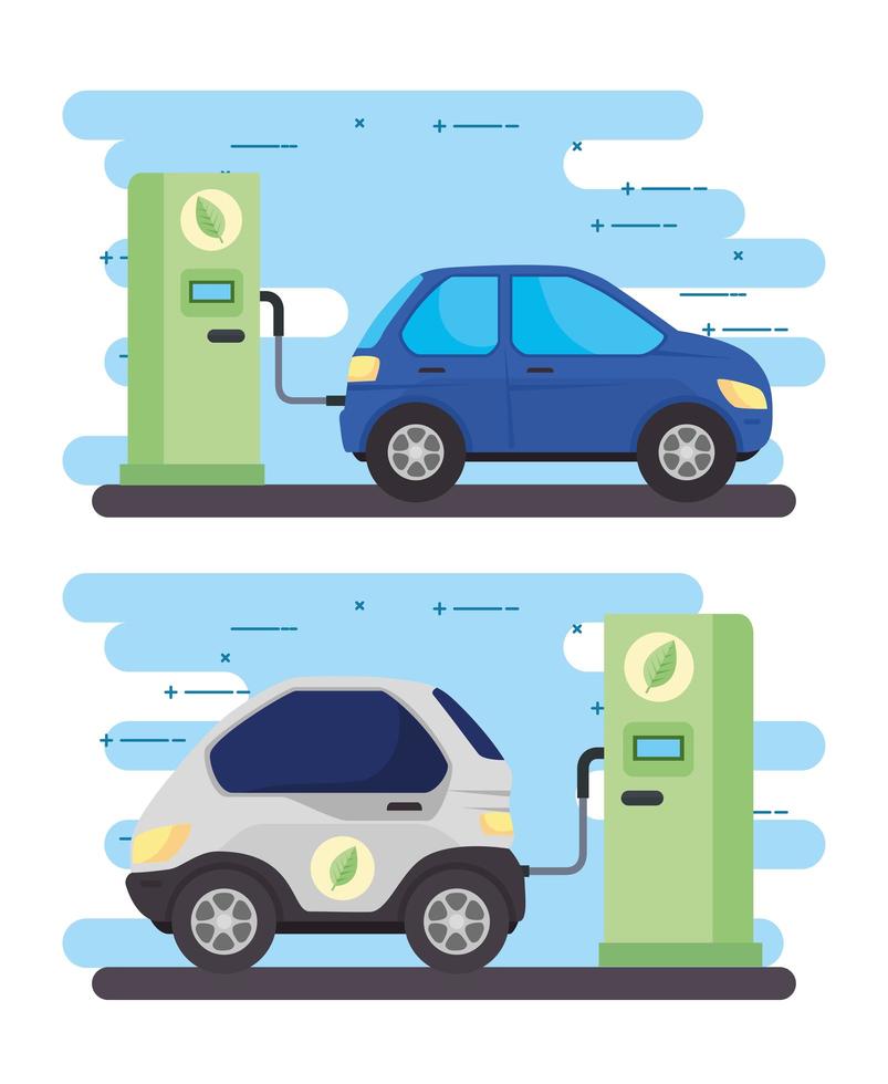 electric car in the charging station set vector