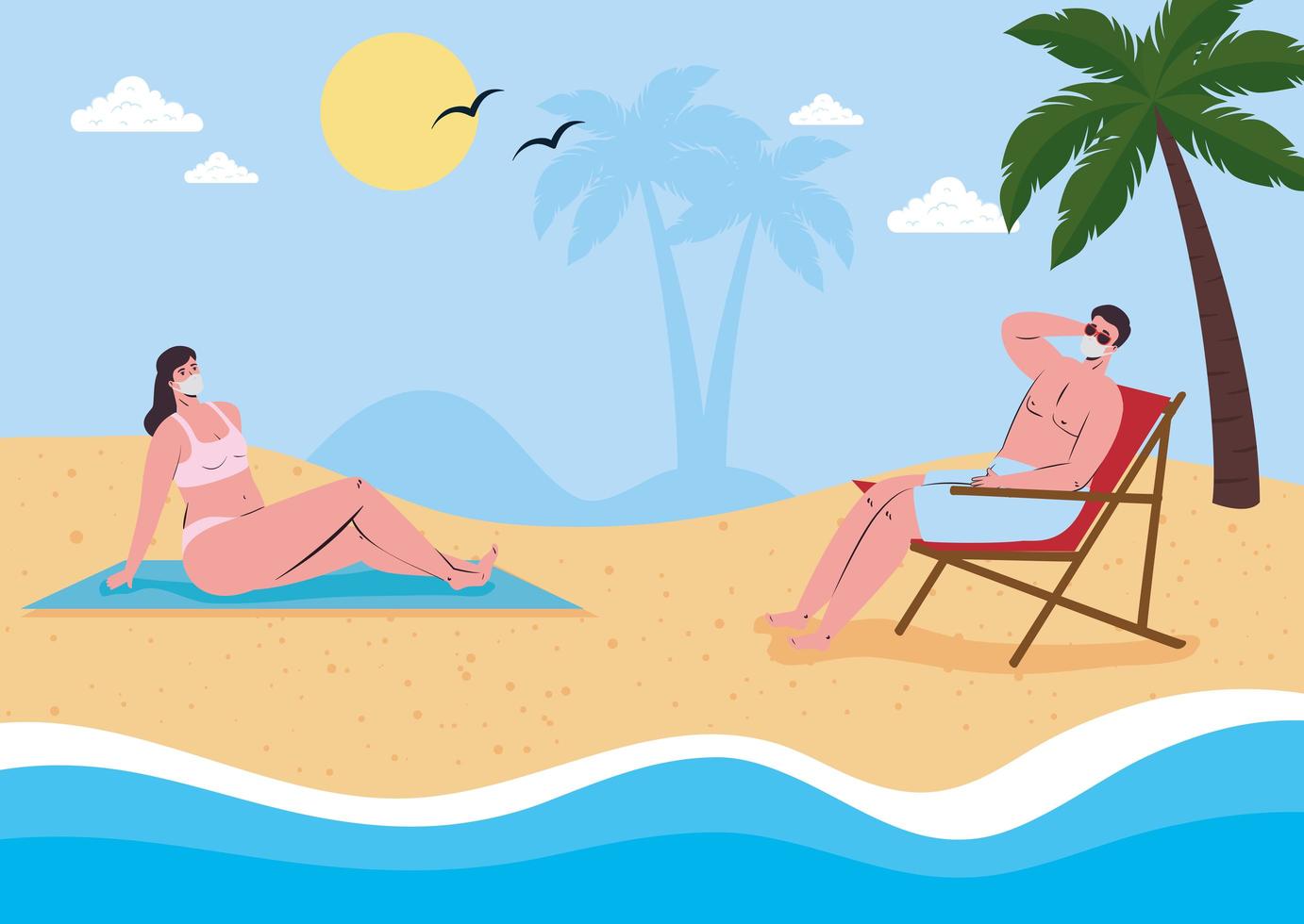 Couple in swimsuits, wearing face masks at the beach vector