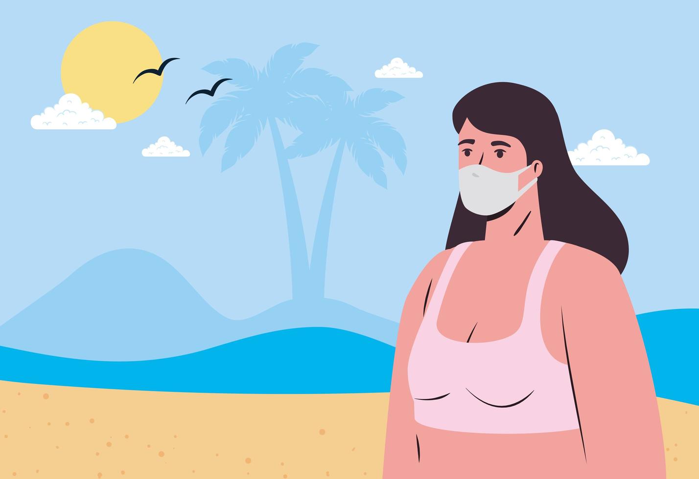 Mujer en traje de baño con una máscara facial en la playa. vector