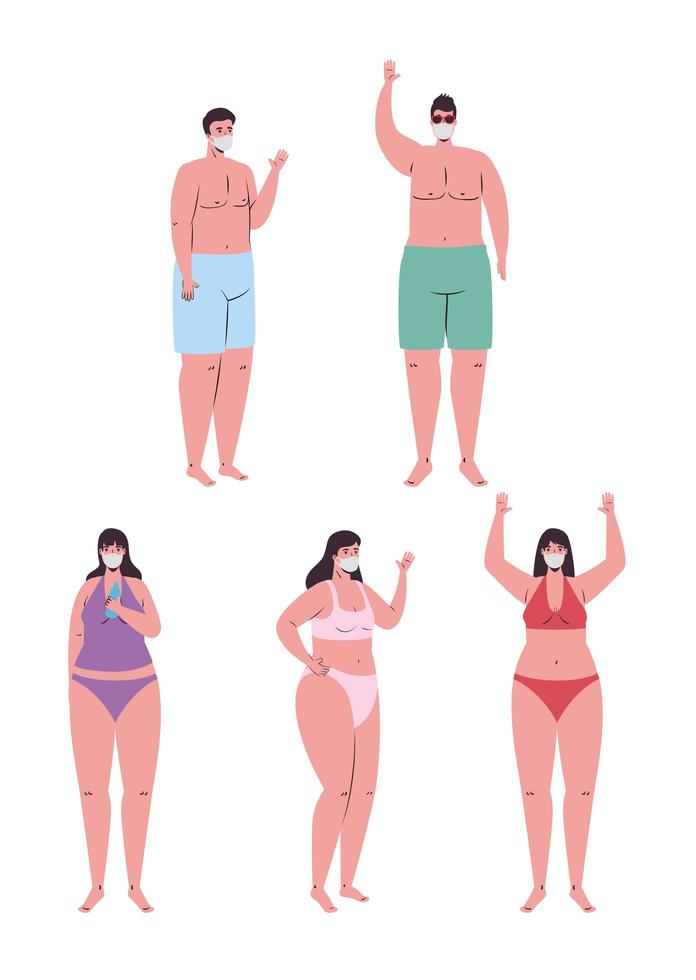 young people wearing face masks and swimsuits vector