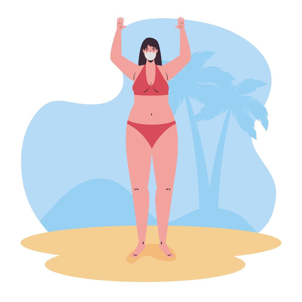woman in a swimsuit wearing a face mask at the beach vector