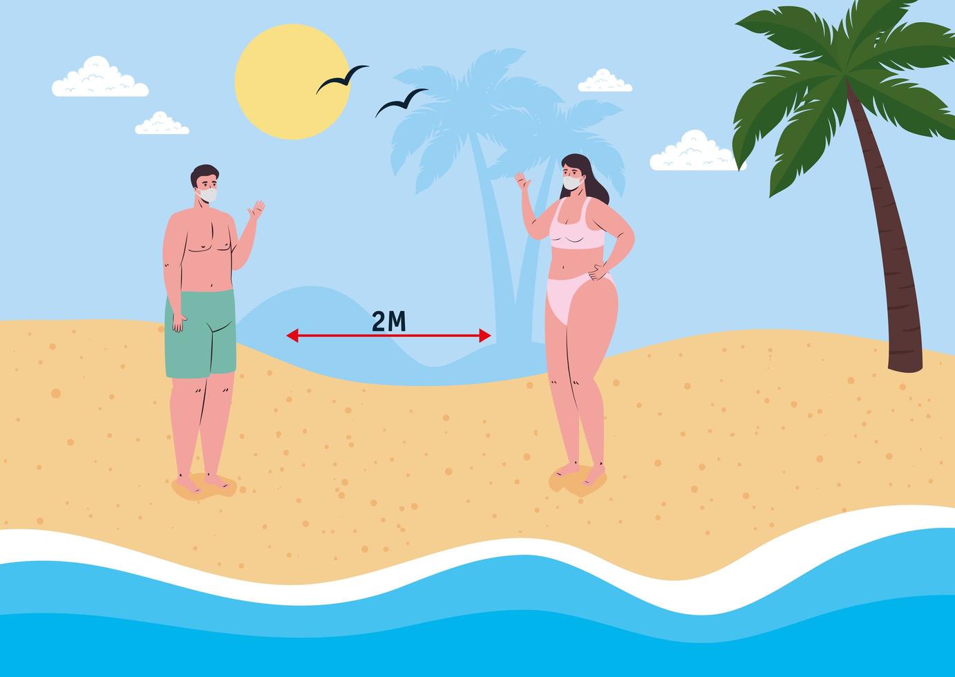 People social distancing at the beach with face masks vector