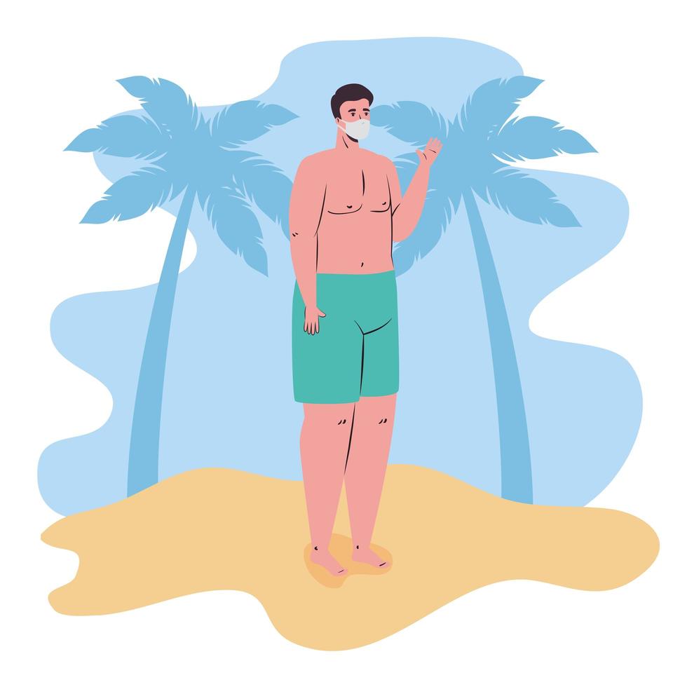 Hombre en traje de baño con una máscara facial en la playa. vector