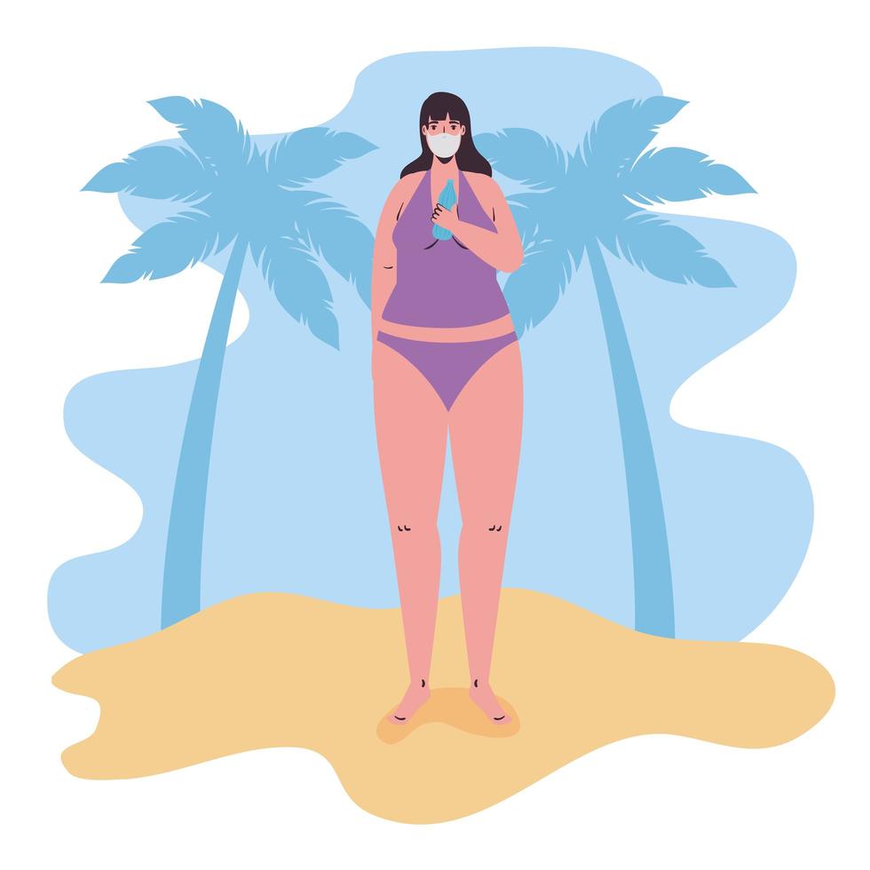 Mujer en traje de baño con una máscara facial en la playa. vector