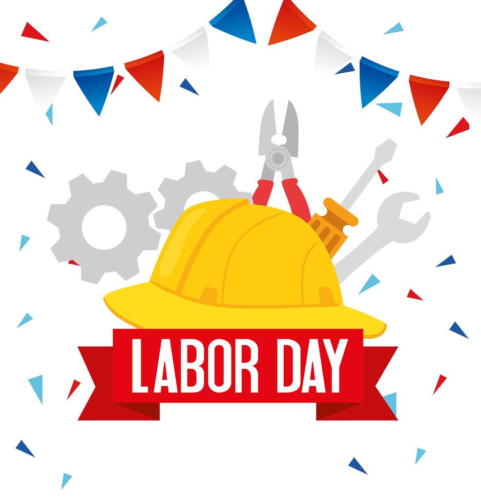 Happy labor day holiday celebration banner with tools and helmet vector