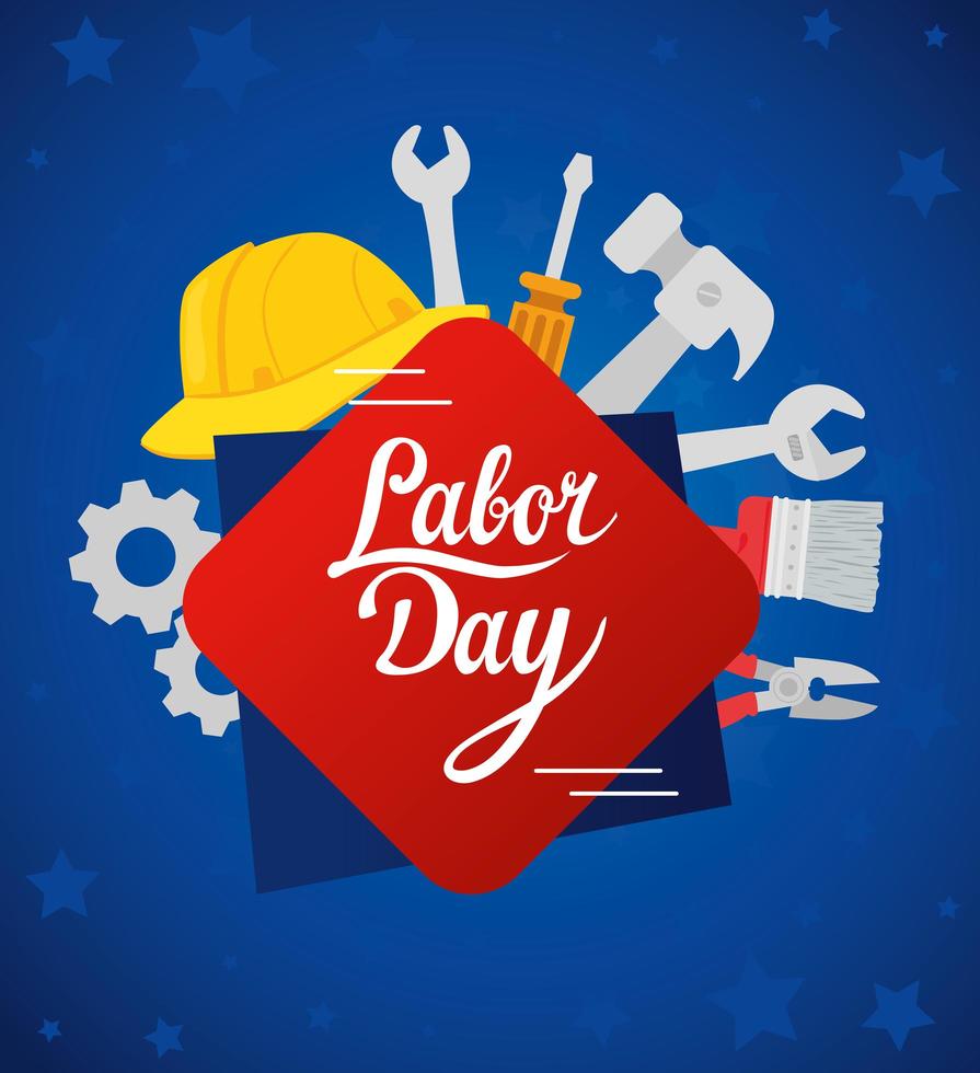 Happy labor day holiday celebration banner with tools and helmet vector