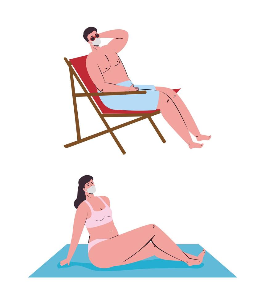 Couple sunbathing in swimsuits, wearing face masks vector