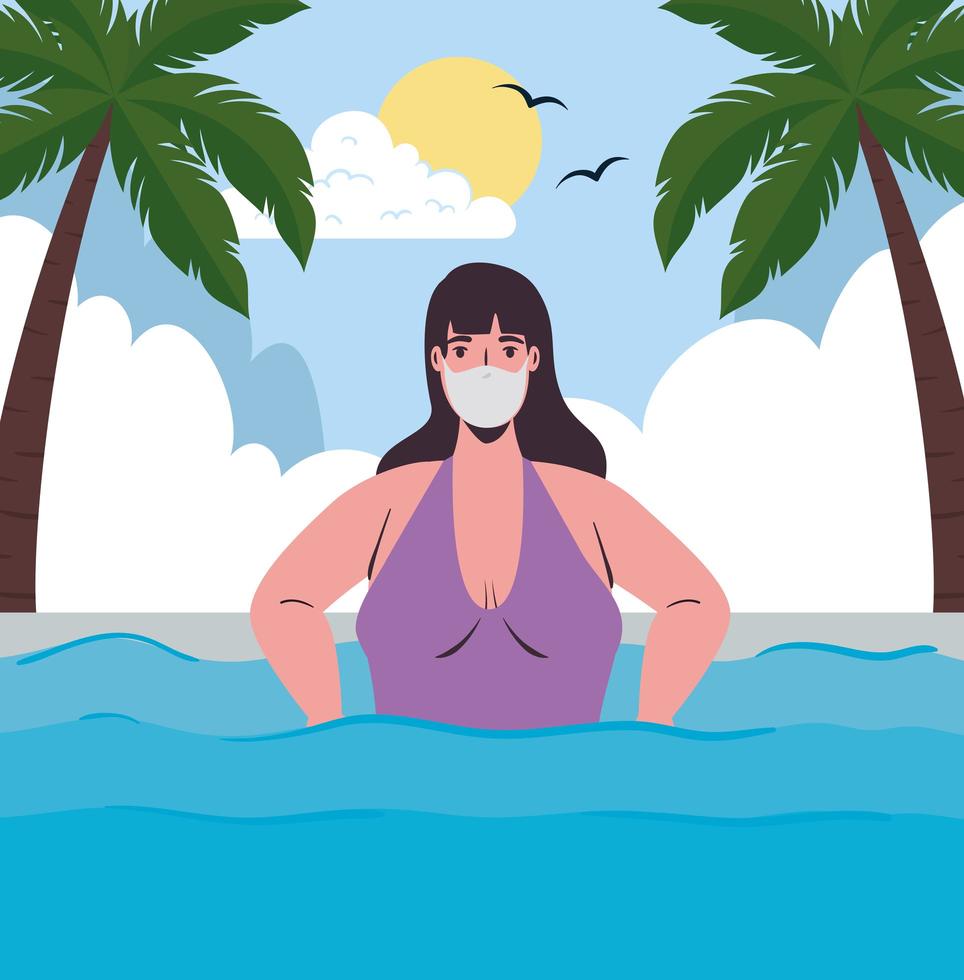 woman in a swimsuit wearing a face mask at the beach vector