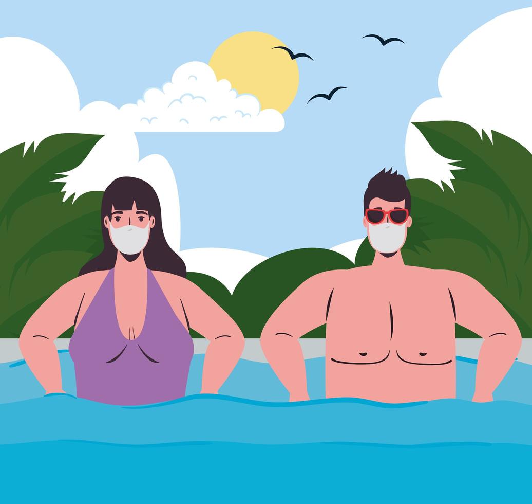 Couple in swimsuits, wearing face masks at the beach vector