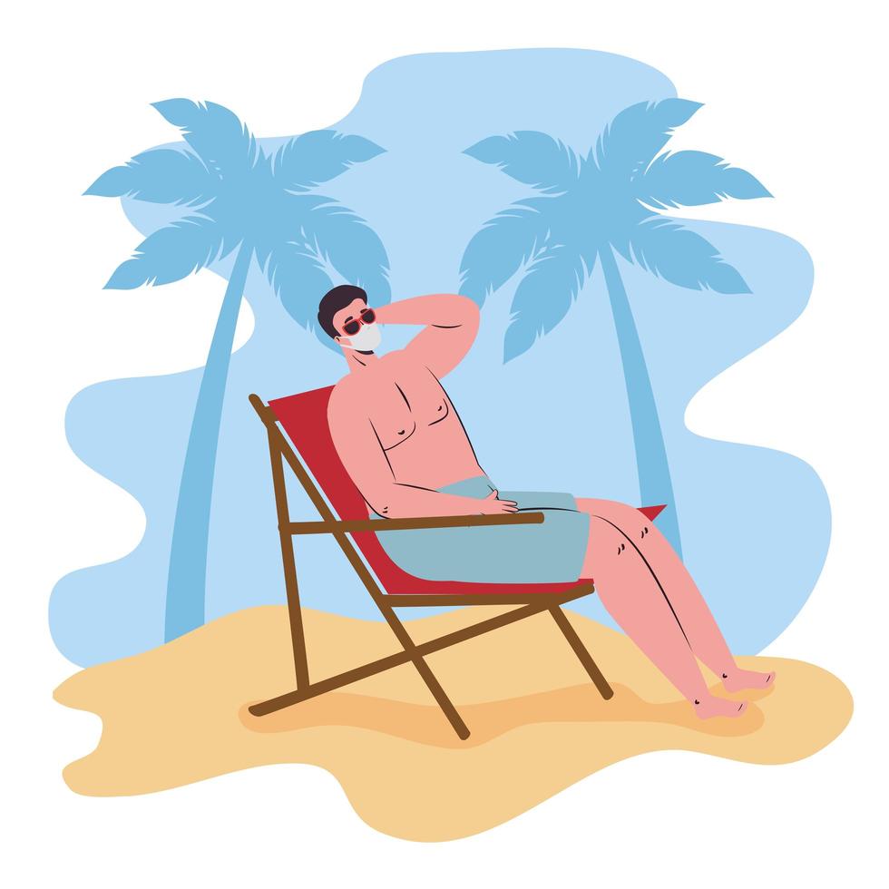 Hombre tomando el sol con una mascarilla en la playa. vector