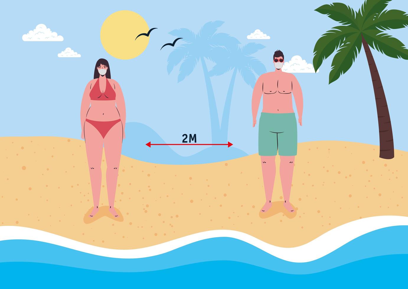 People social distancing at the beach with face masks vector
