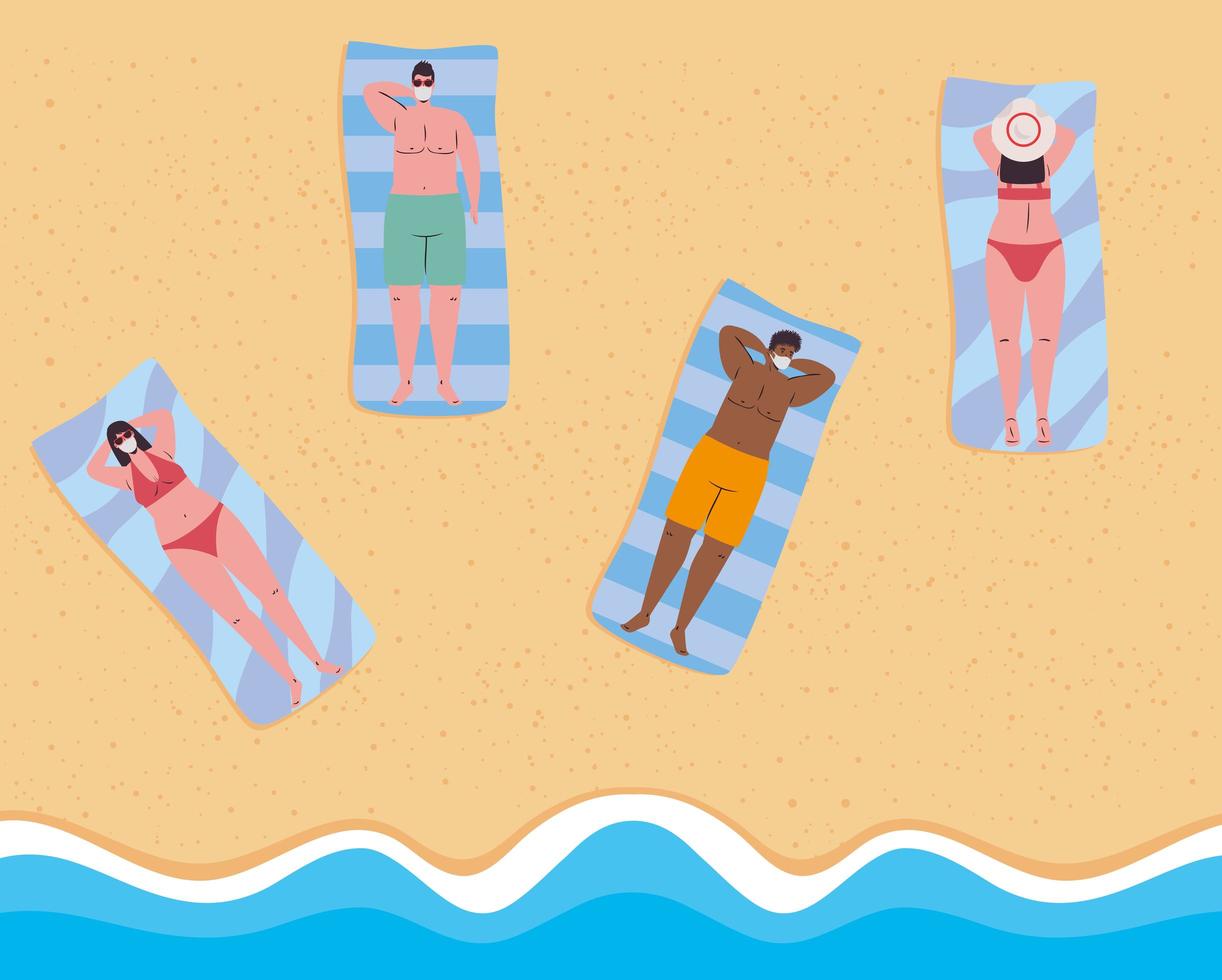 People sunbathing and social distancing at the beach vector