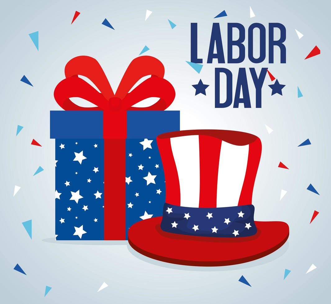 Happy labor day holiday celebration banner with gift box and top hat vector