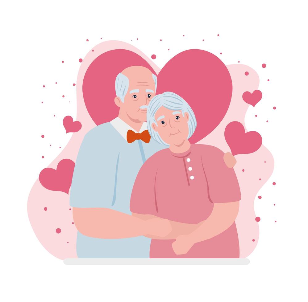 pareja de ancianos sonriendo con decoración de corazones vector