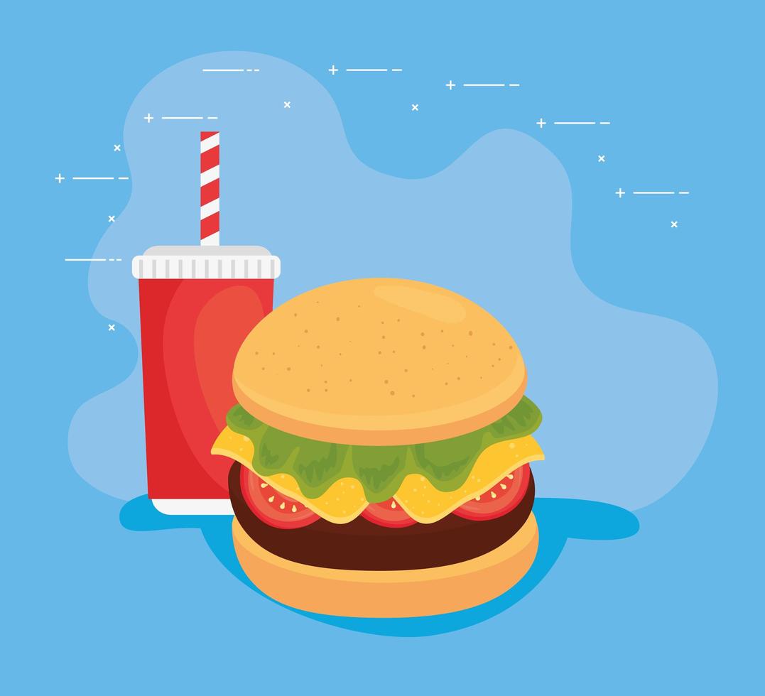 Hamburger with beverage, fast food combo vector