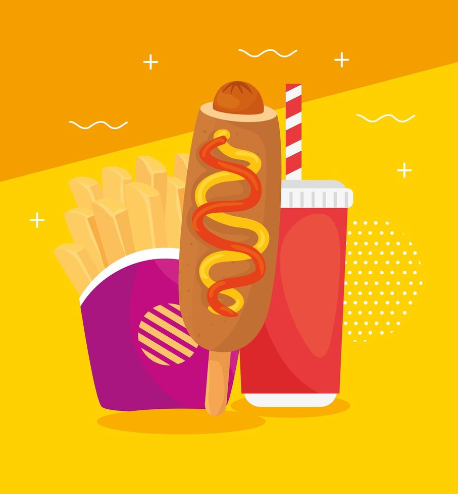 Corn dog with french fries and beverage, fast food combo vector